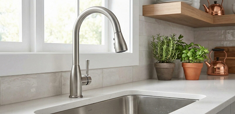 Beau mitigeur en argent dans une cuisine