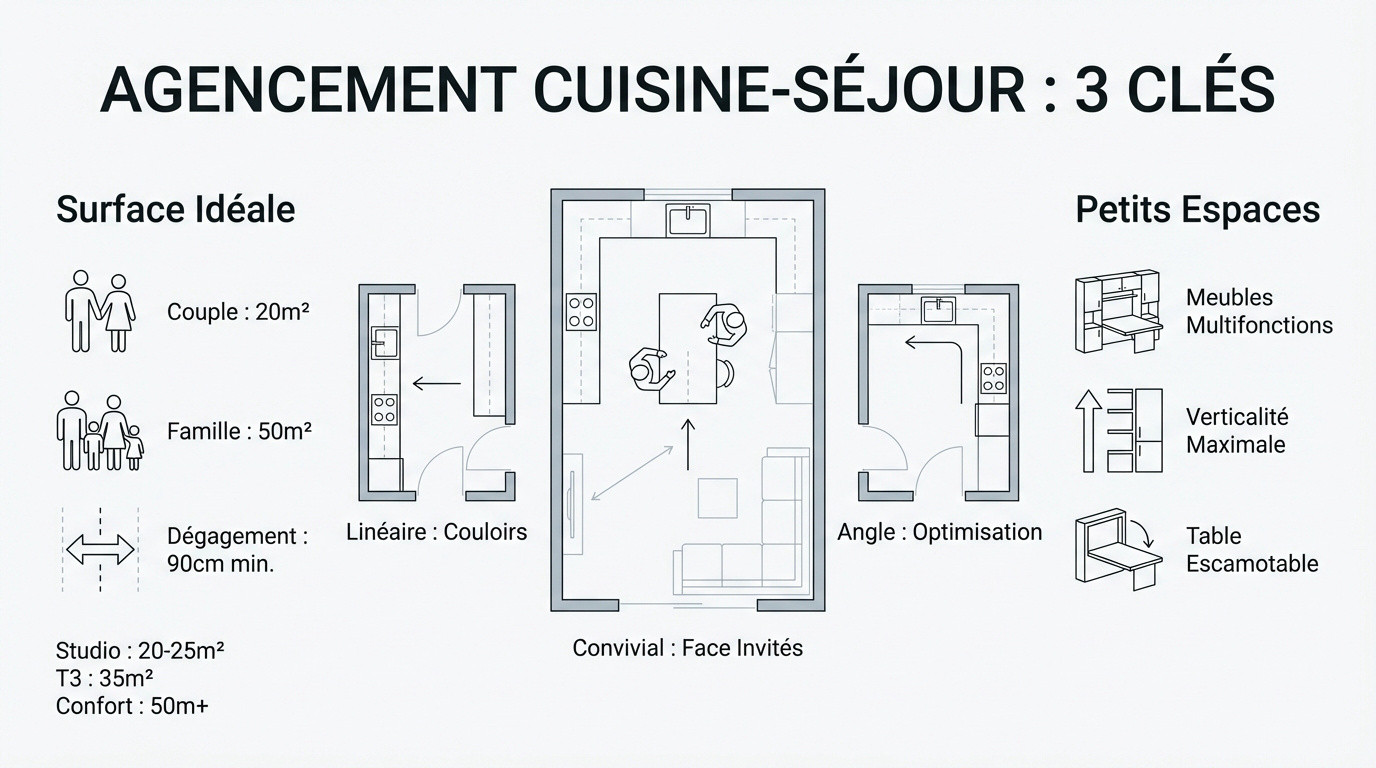 Agencement d'une cuisine ouverte sur le salon et le séjour