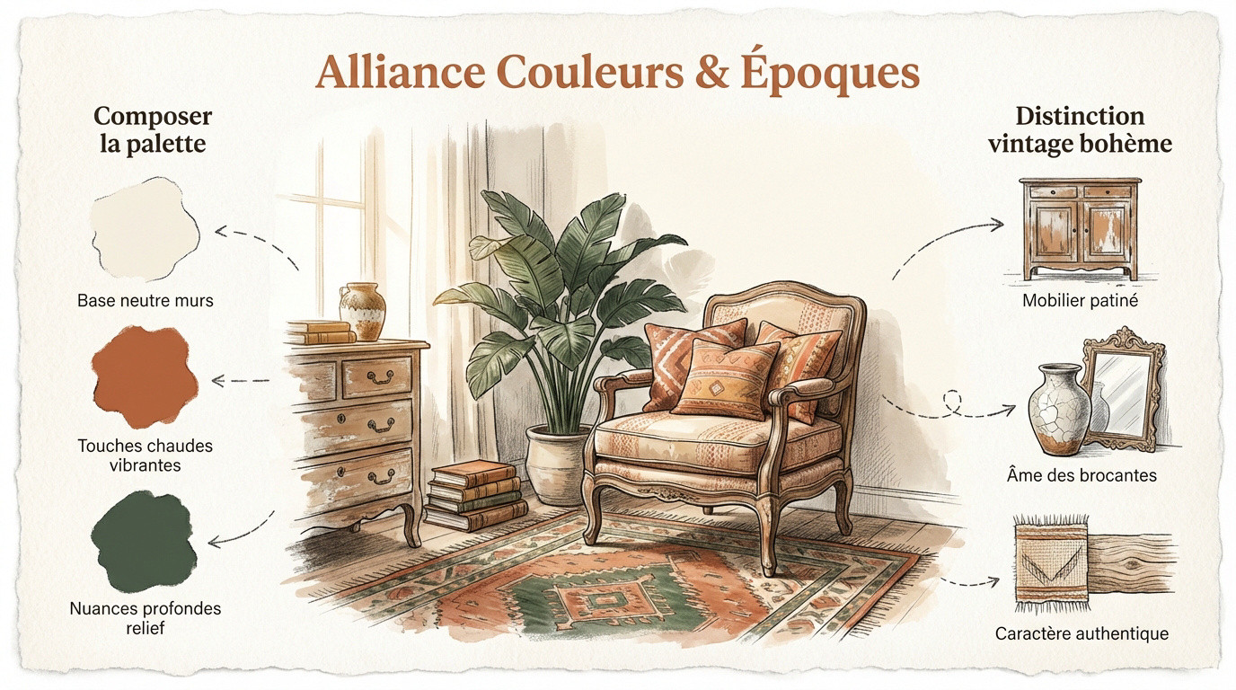 Ambiance déco salon bohème vintage avec bois naturel et tons terreux