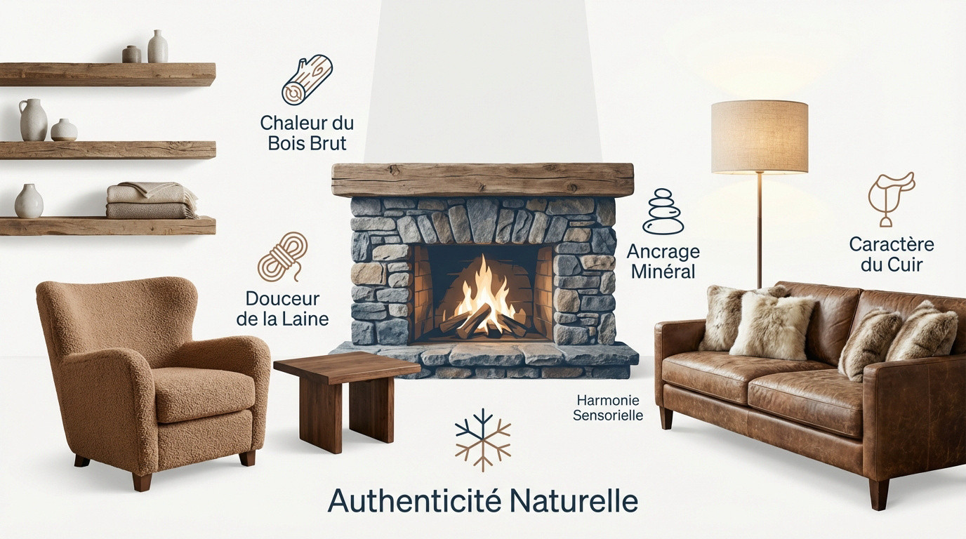 Ambiance de chambre chalet avec bois massif, textiles en laine et décoration chaleureuse