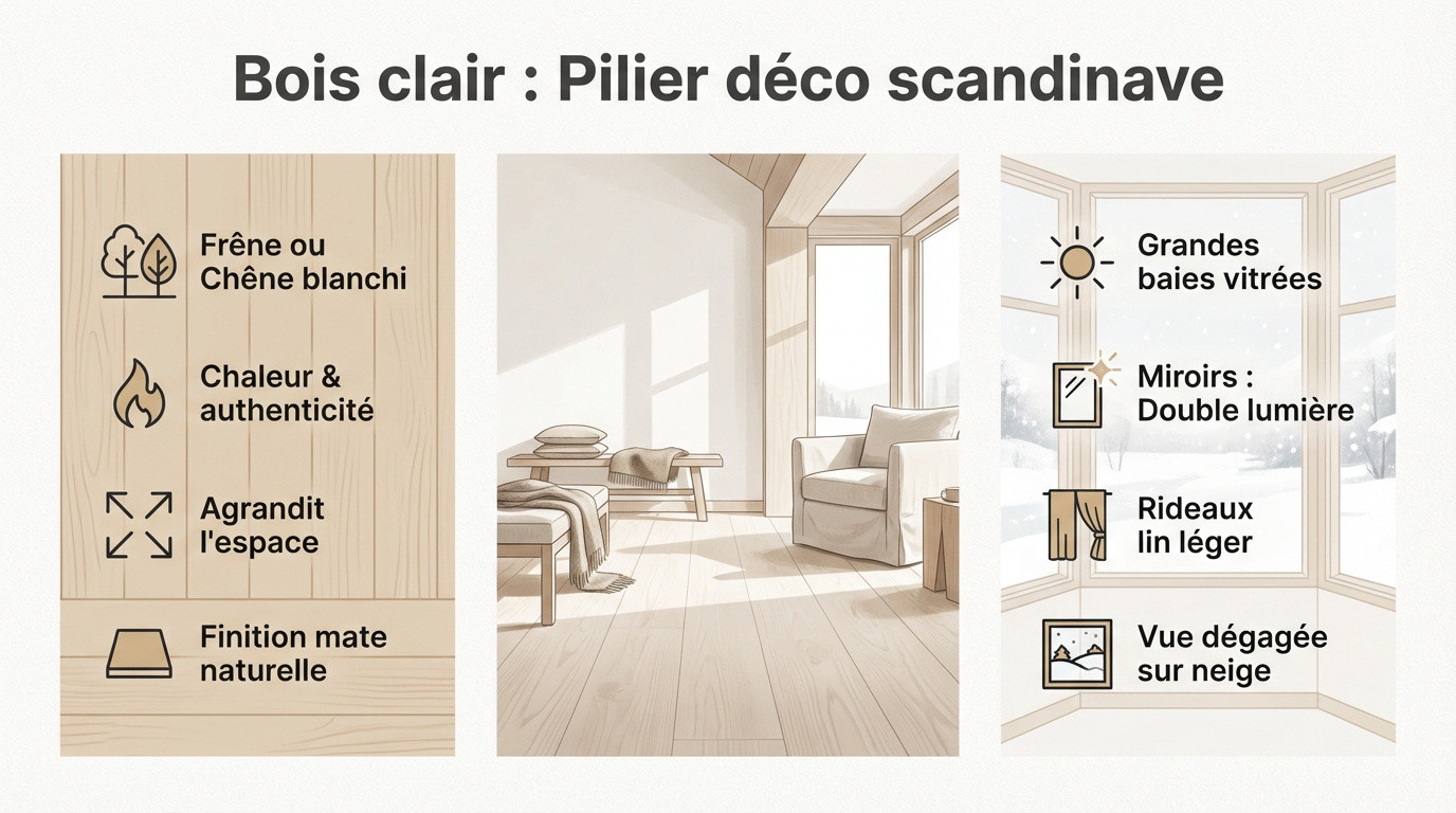 Intérieur de chalet scandinave lumineux avec parquet en bois clair et grandes fenêtres