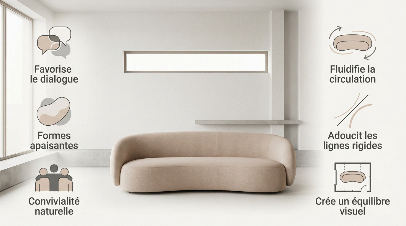 Canapé arrondi blanc dans un salon moderne favorisant la convivialité et la fluidité
