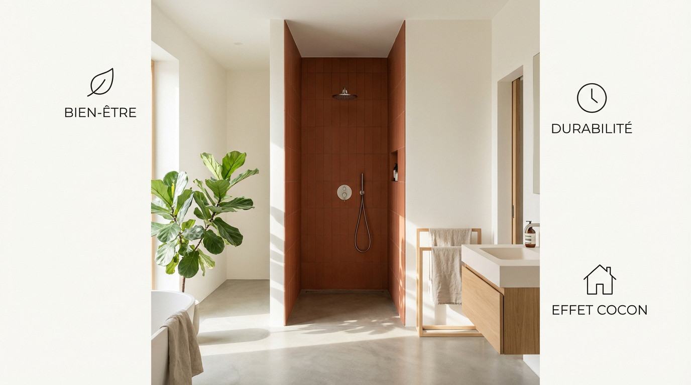 Douche moderne avec carrelage terracotta et ambiance zen