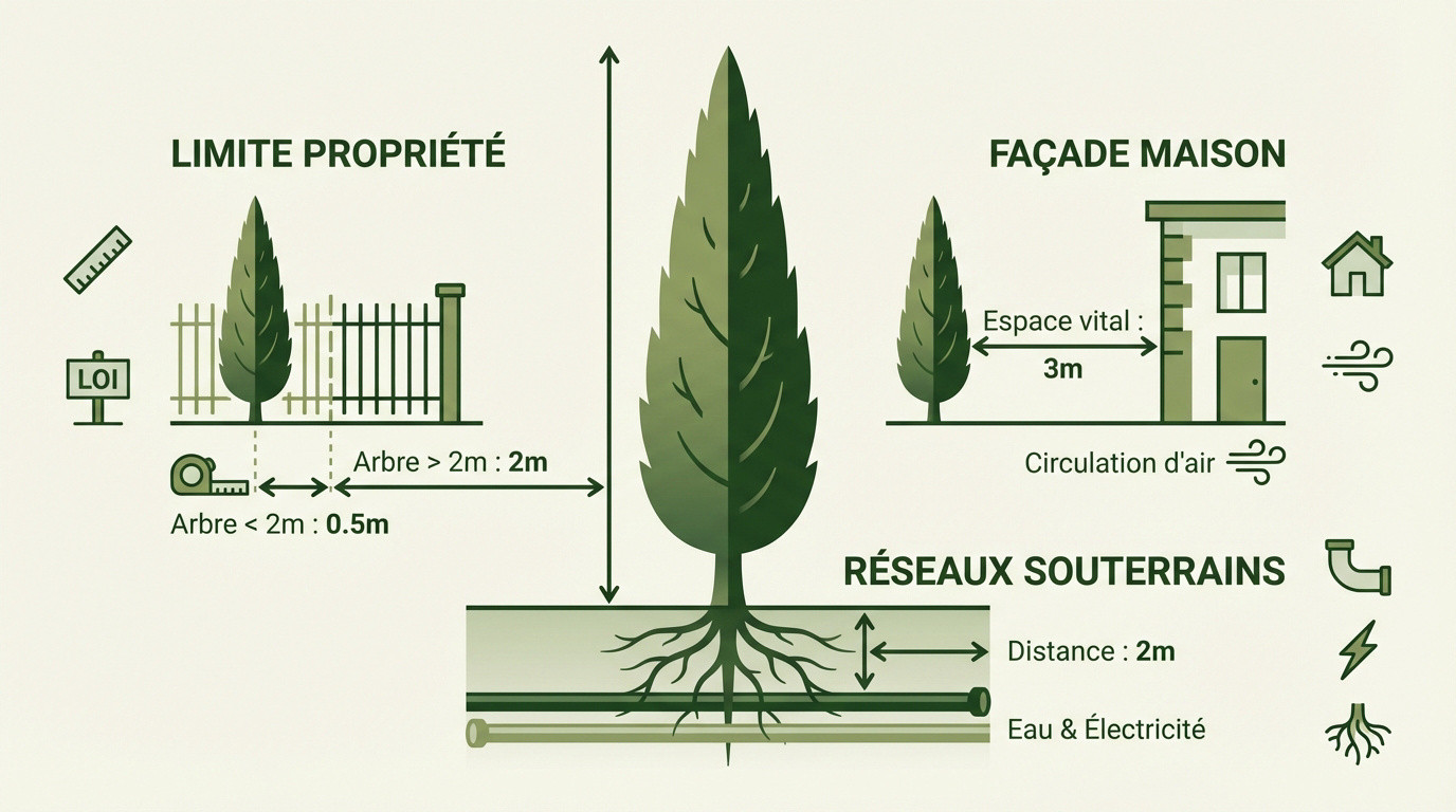 Illustration des distances de sécurité pour planter un cyprès près d'une habitation