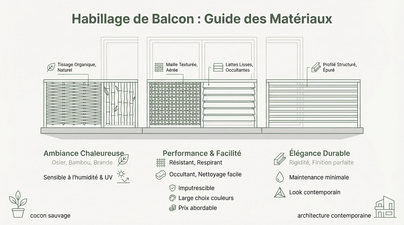 différents matériaux naturels et synthétiques pour l'habillage d'un balcon