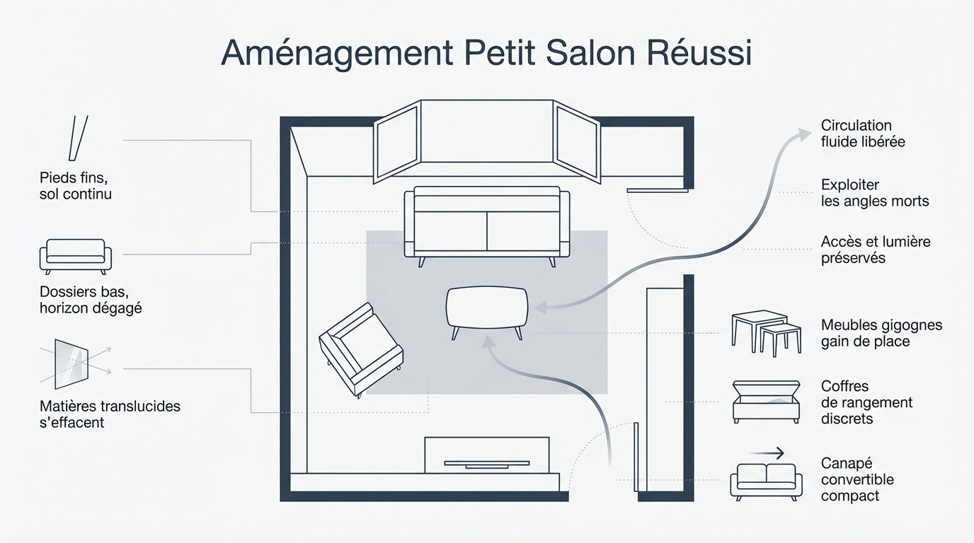Infographie présentant les astuces pour optimiser l'espace et réussir l'aménagement d'un petit salon