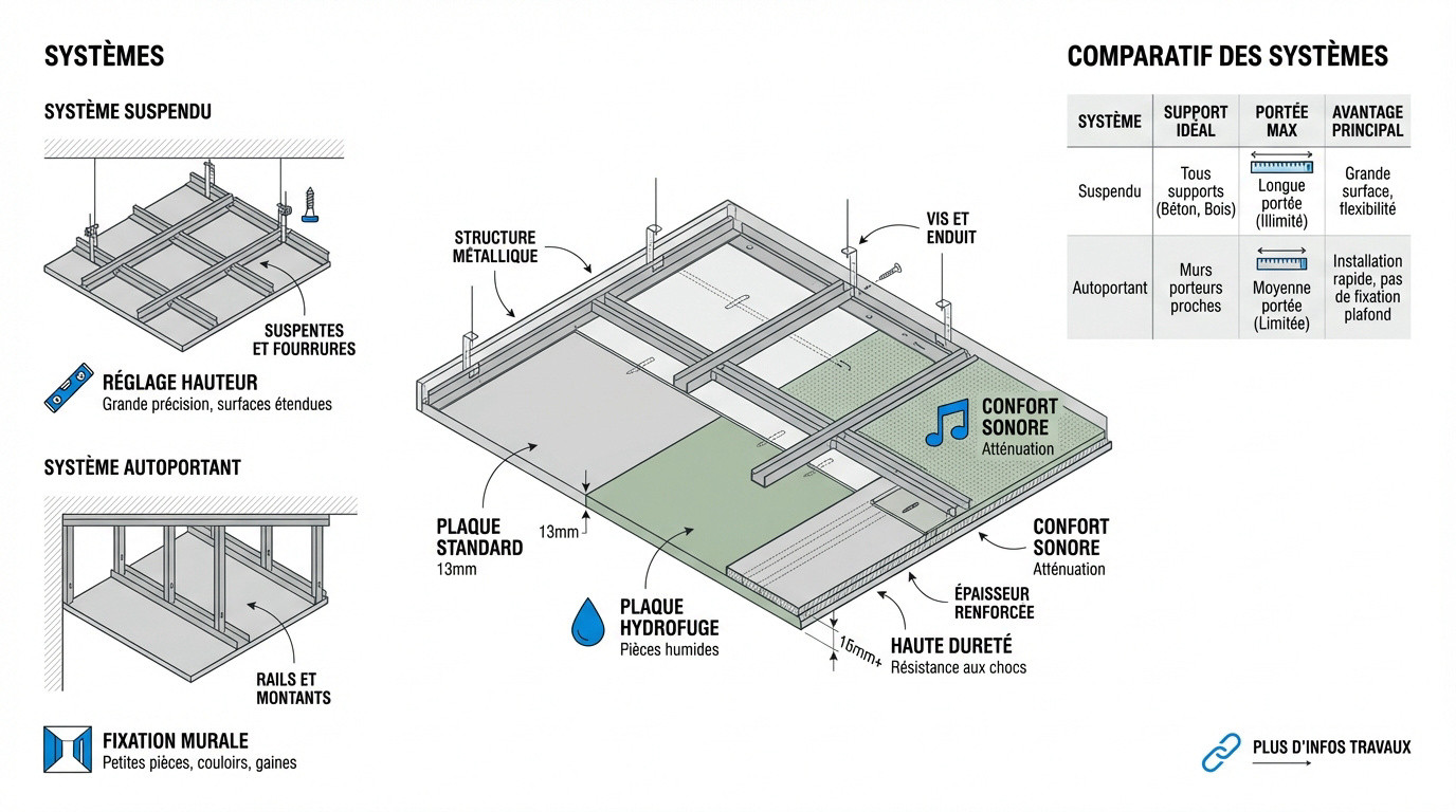 Infographie comparative des types de plaques de plâtre et systèmes de pose pour plafond