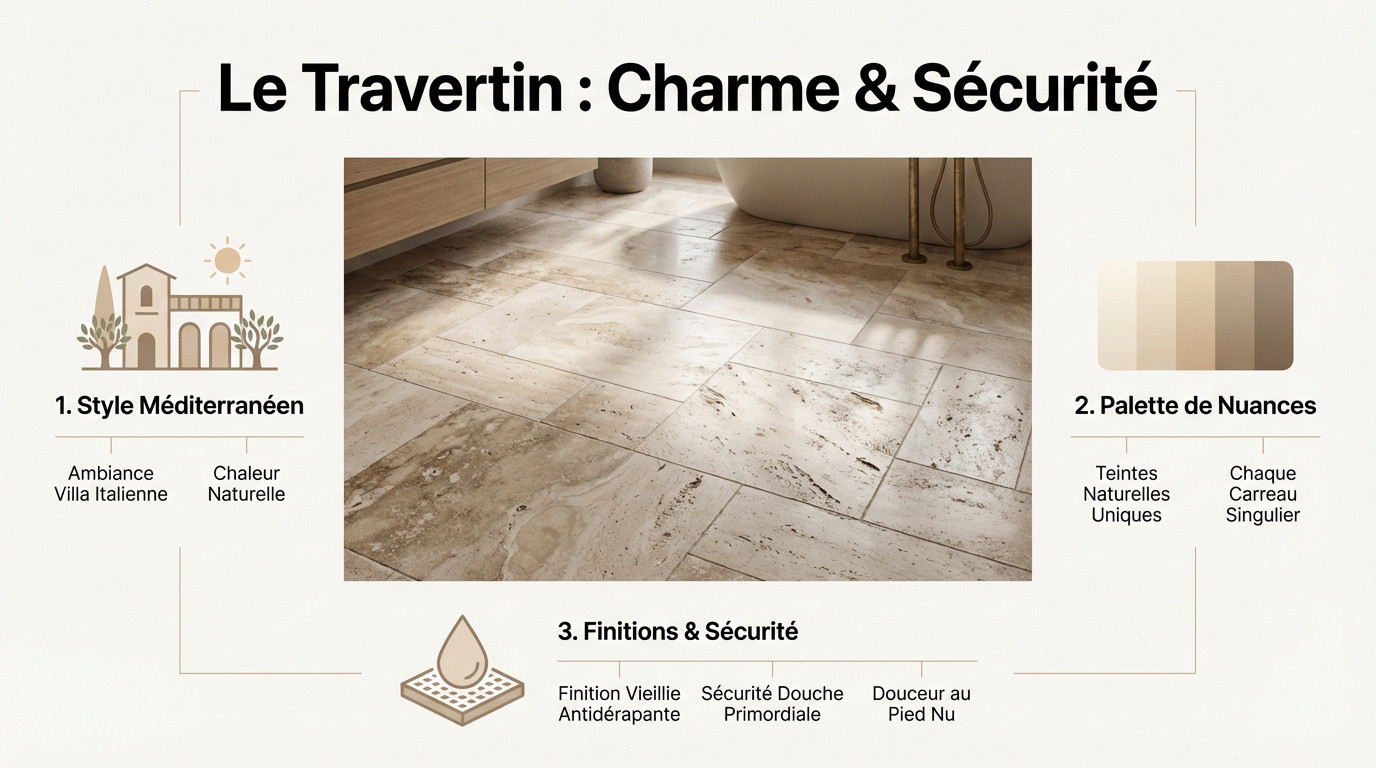 Salle de bain lumineuse avec revêtement mural et sol en travertin naturel beige
