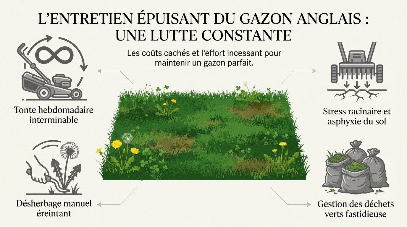 Jardinier épuisé passant la tondeuse sur une pelouse anglaise