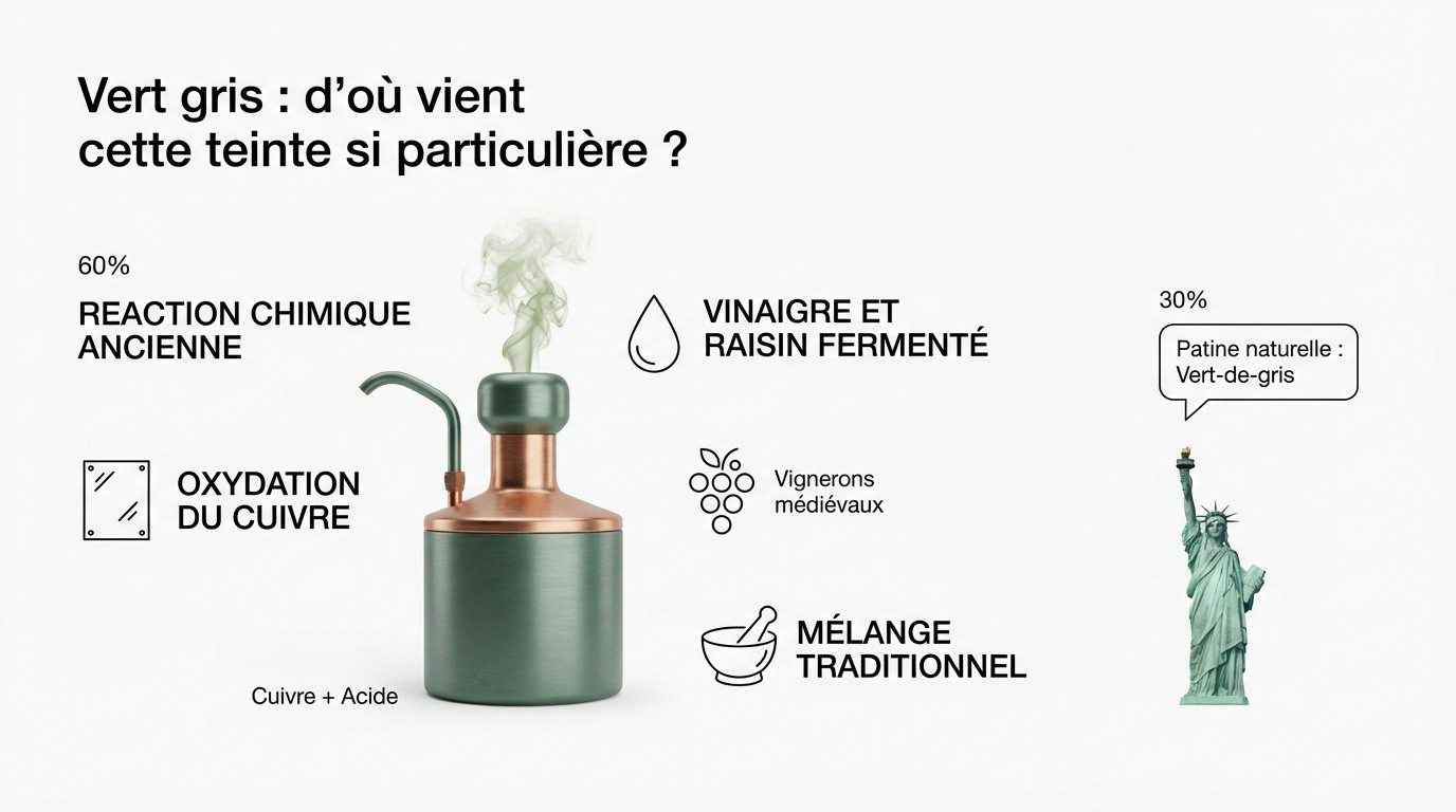 Infographie montrant la réaction chimique entre le cuivre et le vinaigre pour créer du vert-de-gris