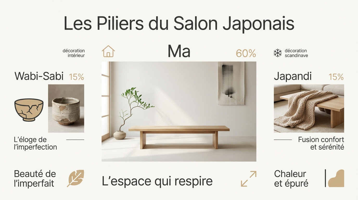 Salon au design japonais épuré illustrant les concepts de Ma et Wabi-sabi