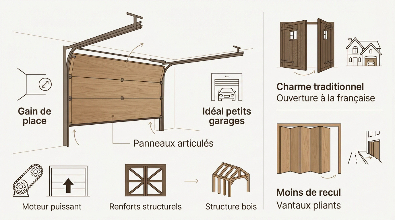 Porte de garage en bois massif avec système d'ouverture sectionnel
