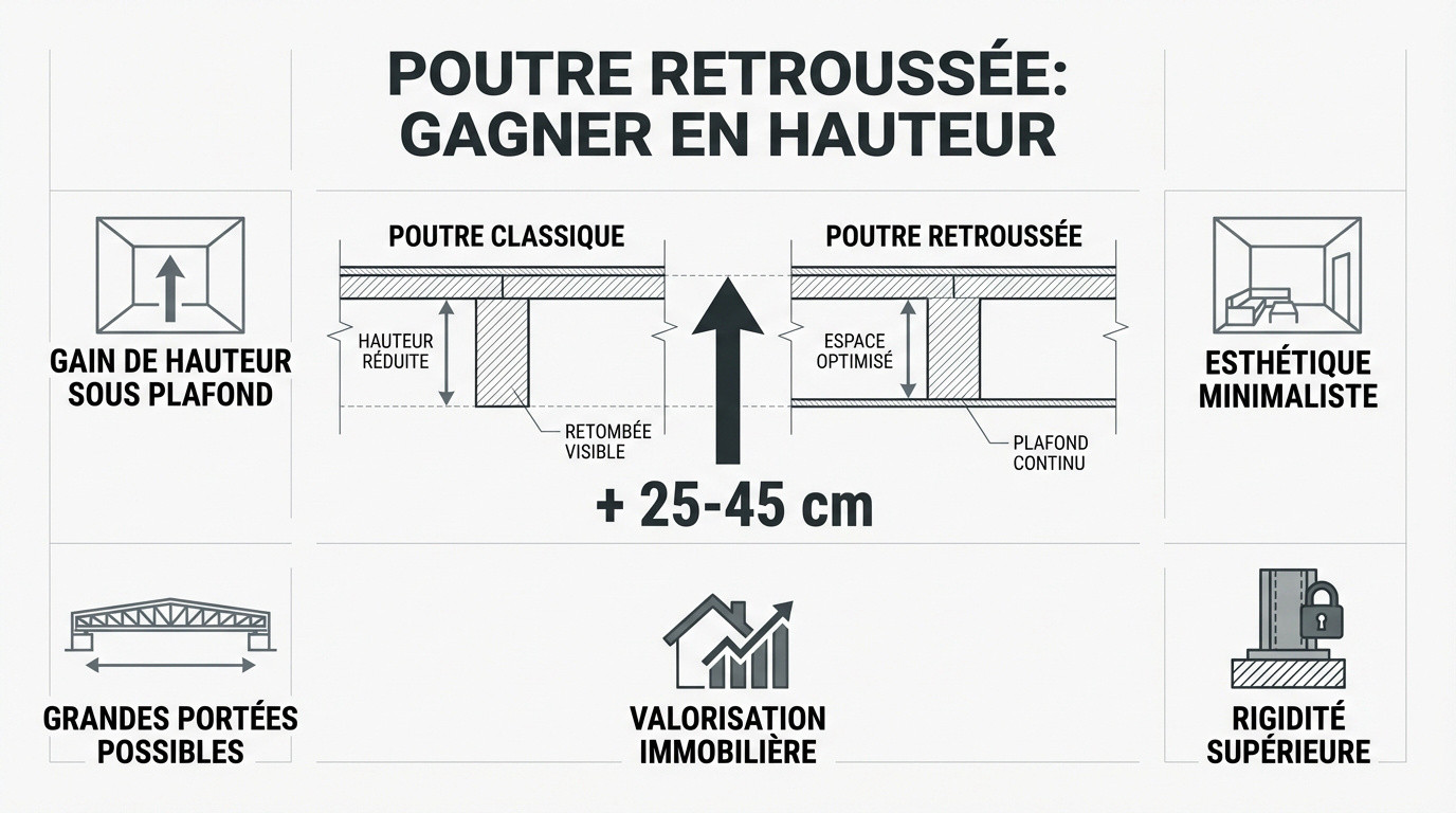 Schéma technique d'une poutre retroussée intégrée dans une dalle en béton