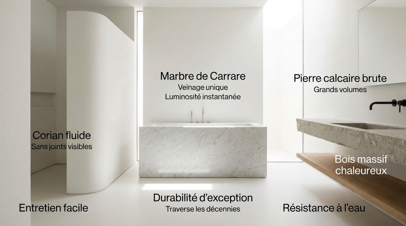 Design épuré d'une salle de bain de luxe avec marbre blanc et finitions minimalistes