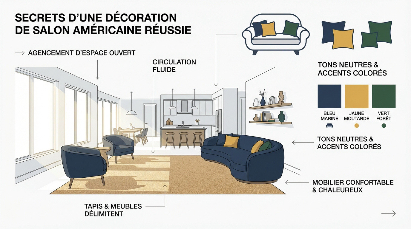 Aménagement d'un salon spacieux de style américain avec canapé confortable et tons neutres