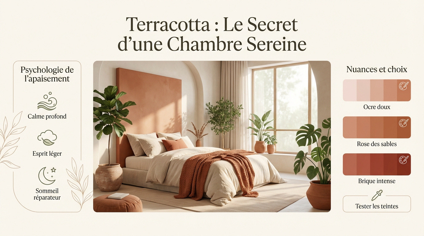 Décoration de chambre chaleureuse avec des murs terracotta et du linge de lit naturel