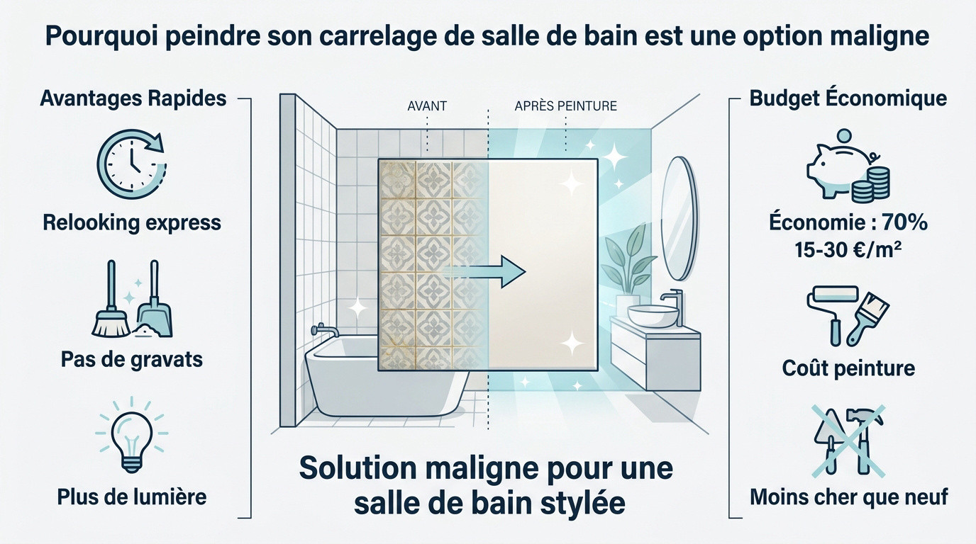 Résultat d'un relooking de carrelage de salle de bain avec une peinture claire pour plus de luminosité
