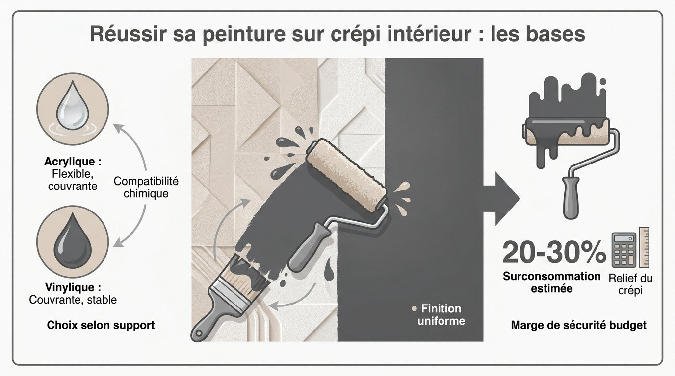 Application de peinture sur un mur en crépi intérieur avec un rouleau adapté