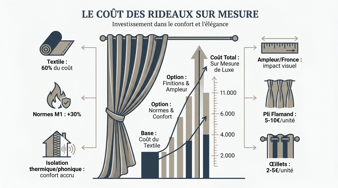 Exemple de rideaux sur mesure haut de gamme avec plis flamands