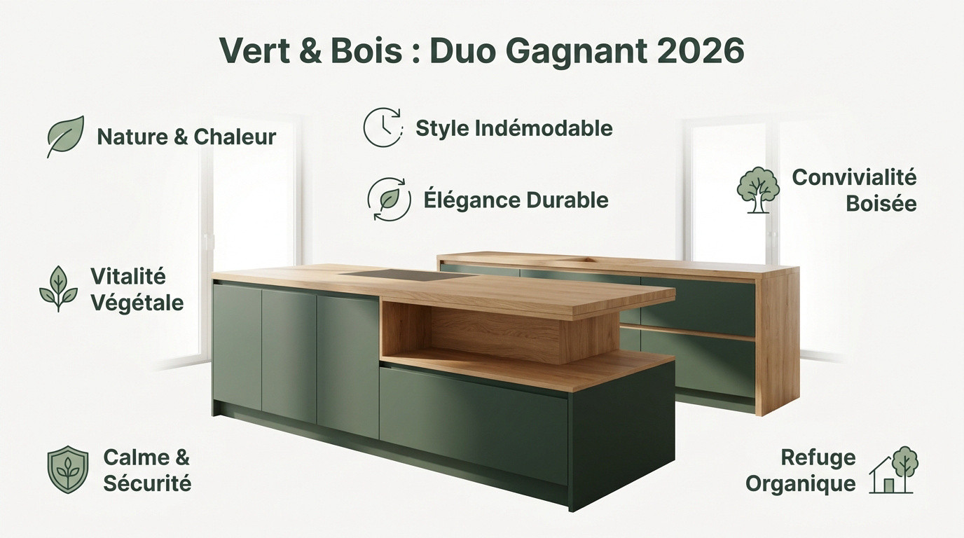 Aménagement d'une cuisine moderne mariant façades vert sauge et plan de travail en bois naturel