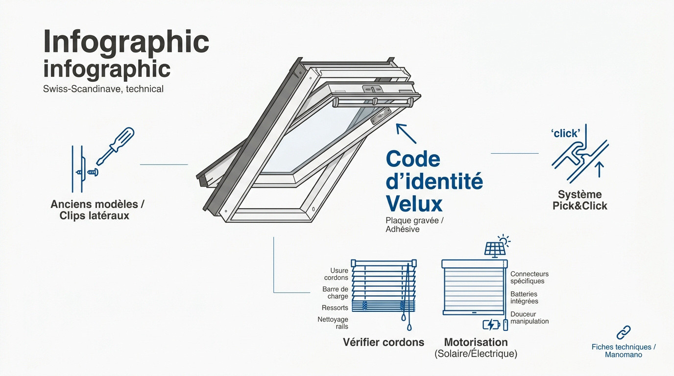 Plaque d'identification sur une fenêtre de toit Velux pour démonter un store