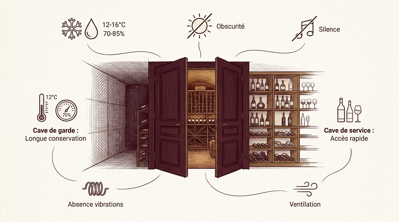 Aménagement d'une cave à vin traditionnelle avec casiers en bois et éclairage tamisé