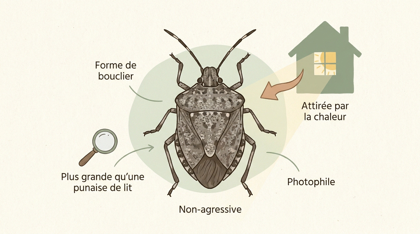 Infographie descriptive de la punaise marron Halyomorpha halys et son cycle de vie