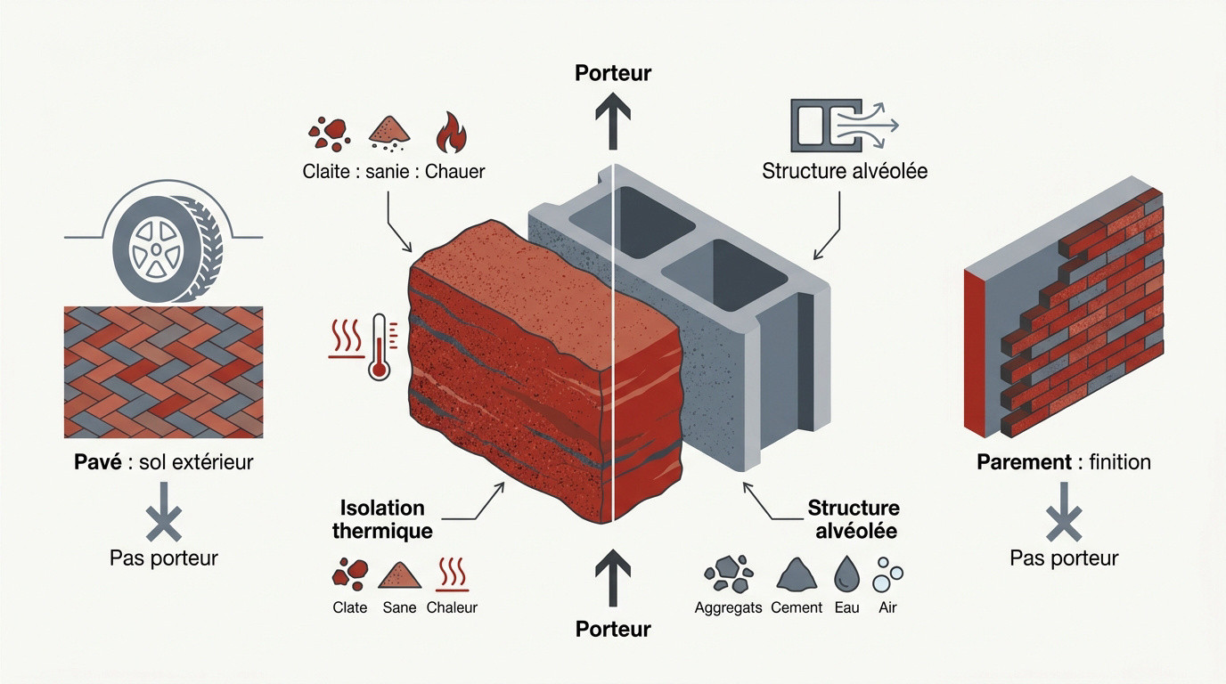 Comparaison visuelle entre briques rouges en terre cuite et parpaings gris en béton sur un chantier