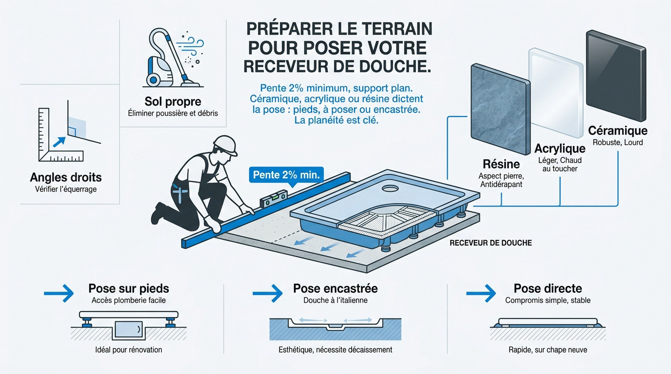 Préparation du sol et vérification du niveau avant de poser un receveur de douche
