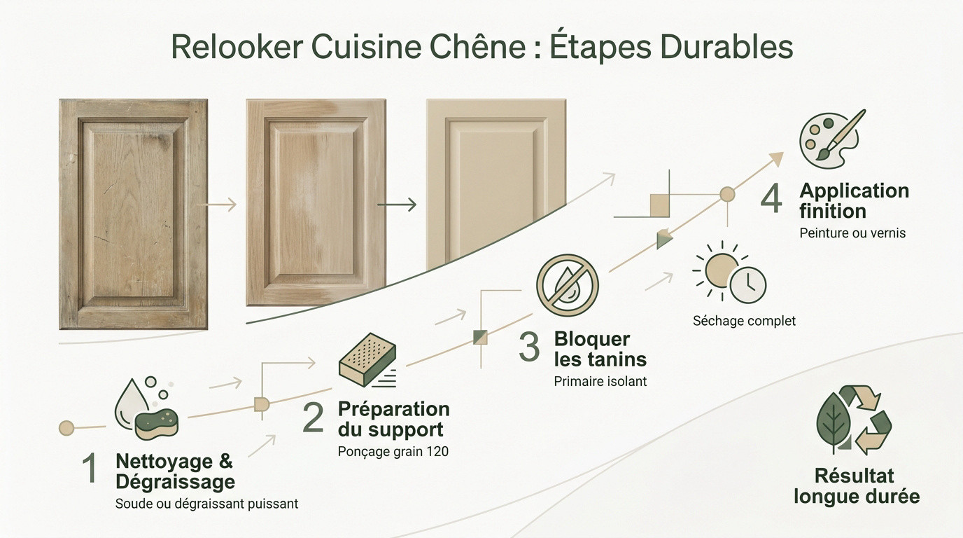 Façades de cuisine en chêne en cours de rénovation avec peinture et outils de ponçage