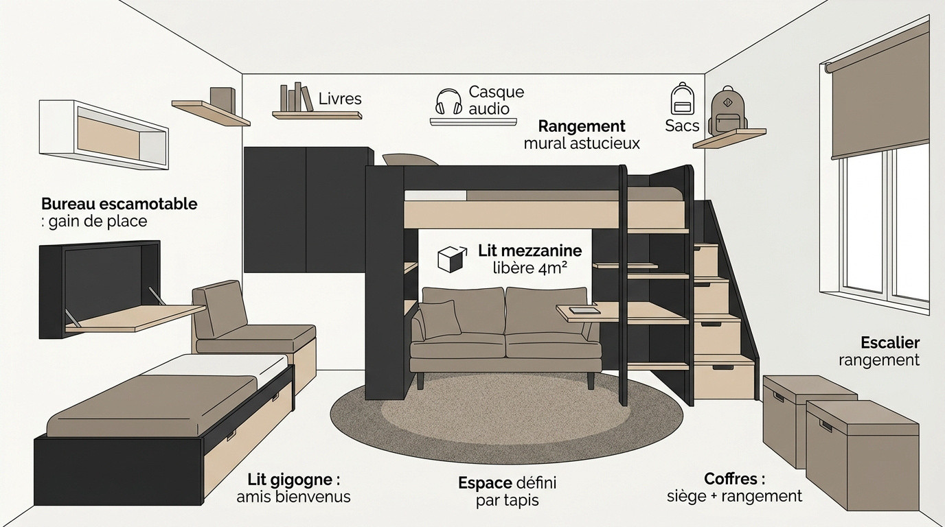 Aménagement d'une petite chambre d'adolescent avec lit mezzanine et bureau