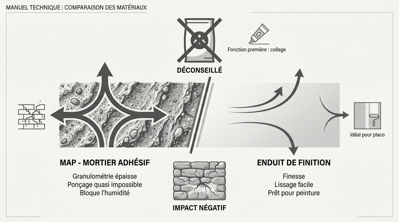 Comparaison visuelle entre la texture rugueuse du MAP et la finesse d'un enduit de lissage