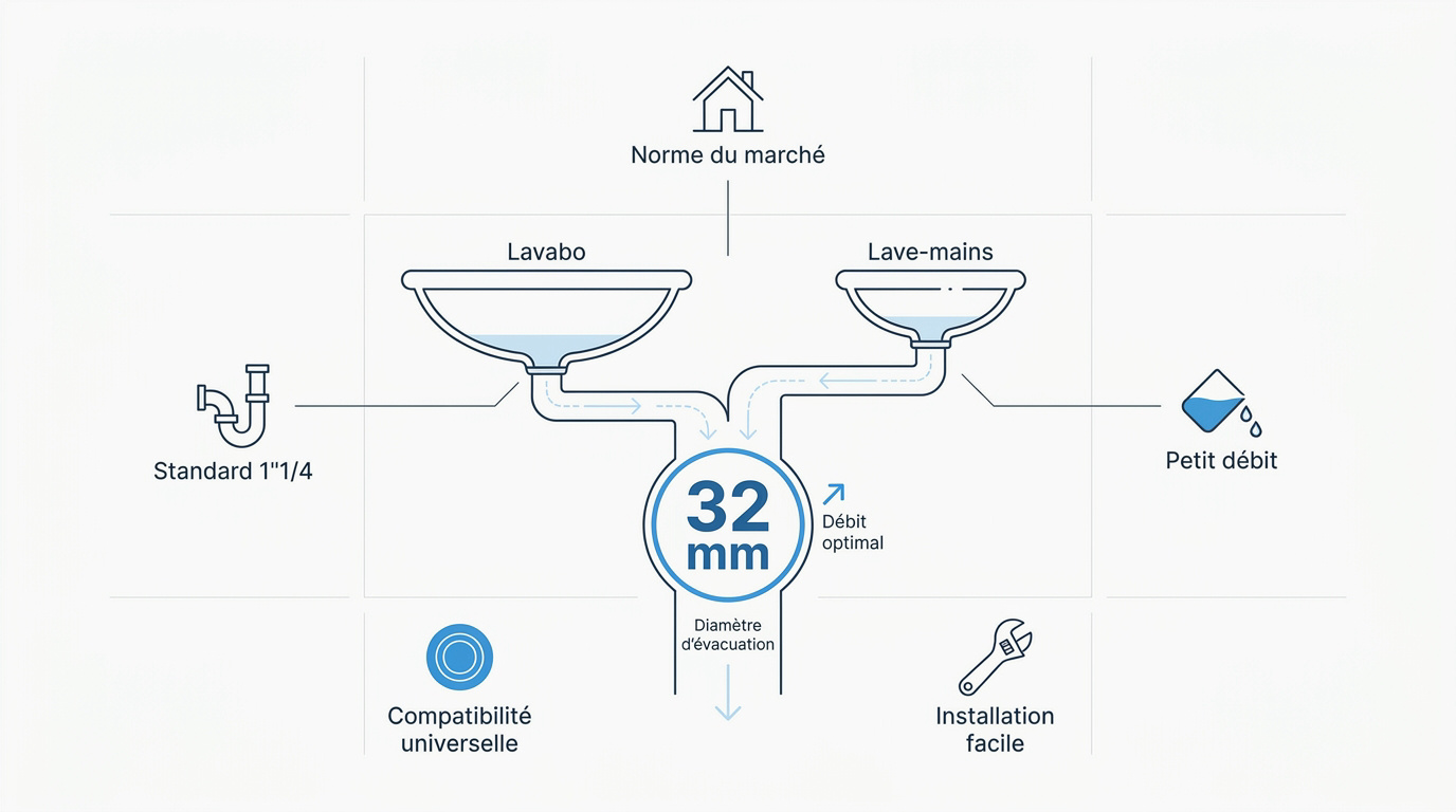 Schéma d'un tuyau d'évacuation de lavabo de diamètre 32 mm