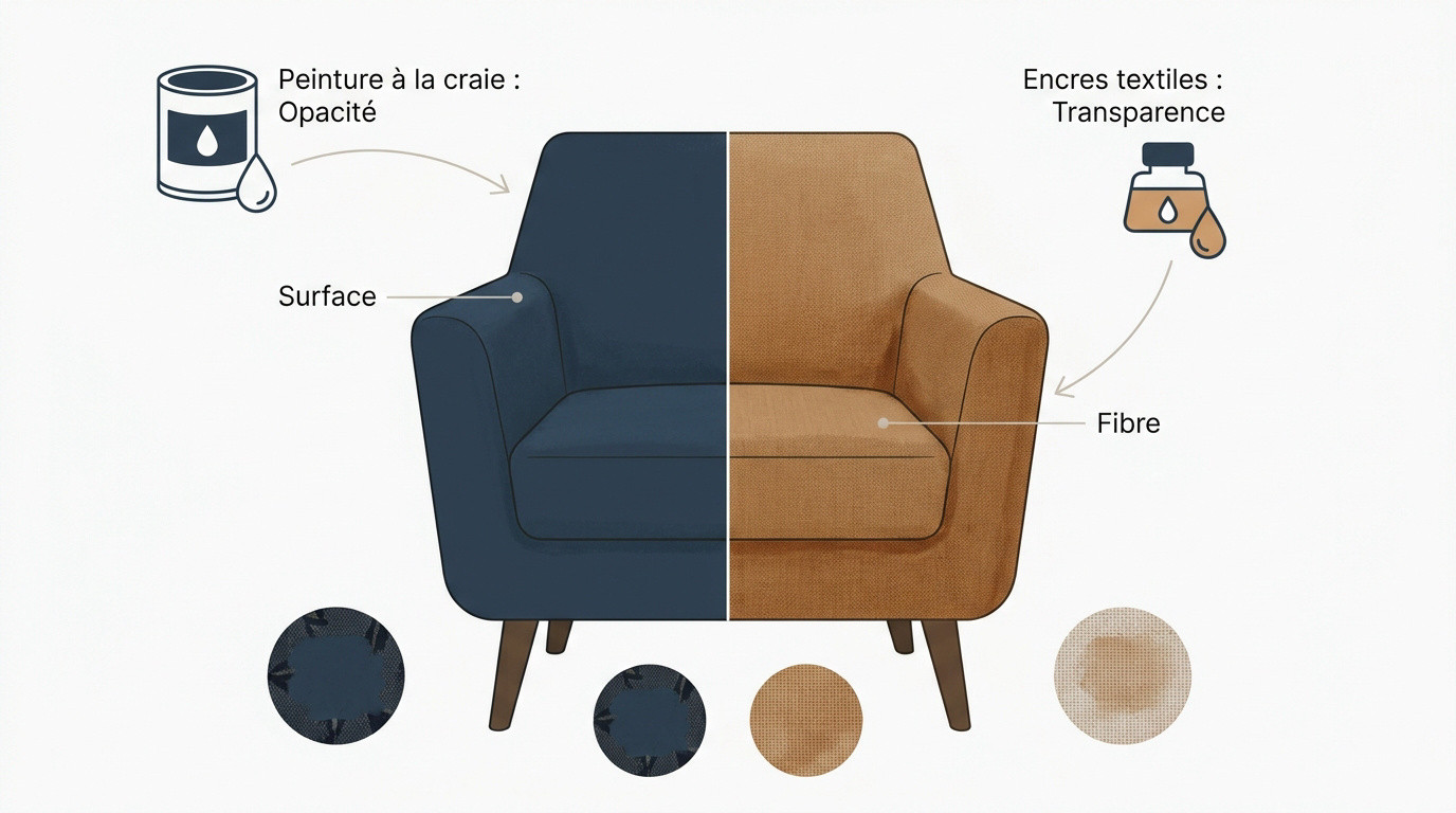 Comparaison entre fauteuil peint à la craie et encre textile