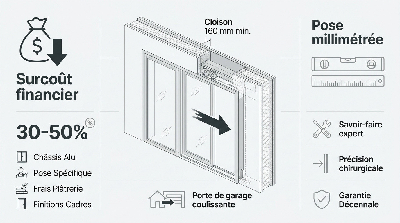 Schéma technique d'une baie à galandage détaillant les coûts de pose et l'intégration murale