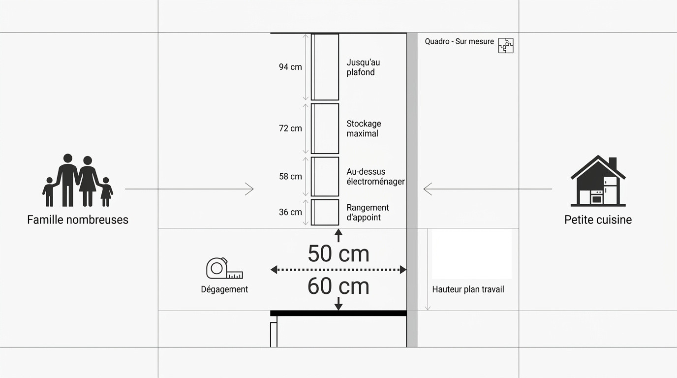 Schéma des dimensions standards pour les meubles de cuisine hauts et bas