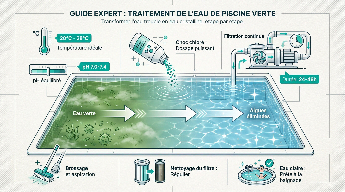 Entretien d'une piscine à l'eau verte avec épuisette et produits de traitement