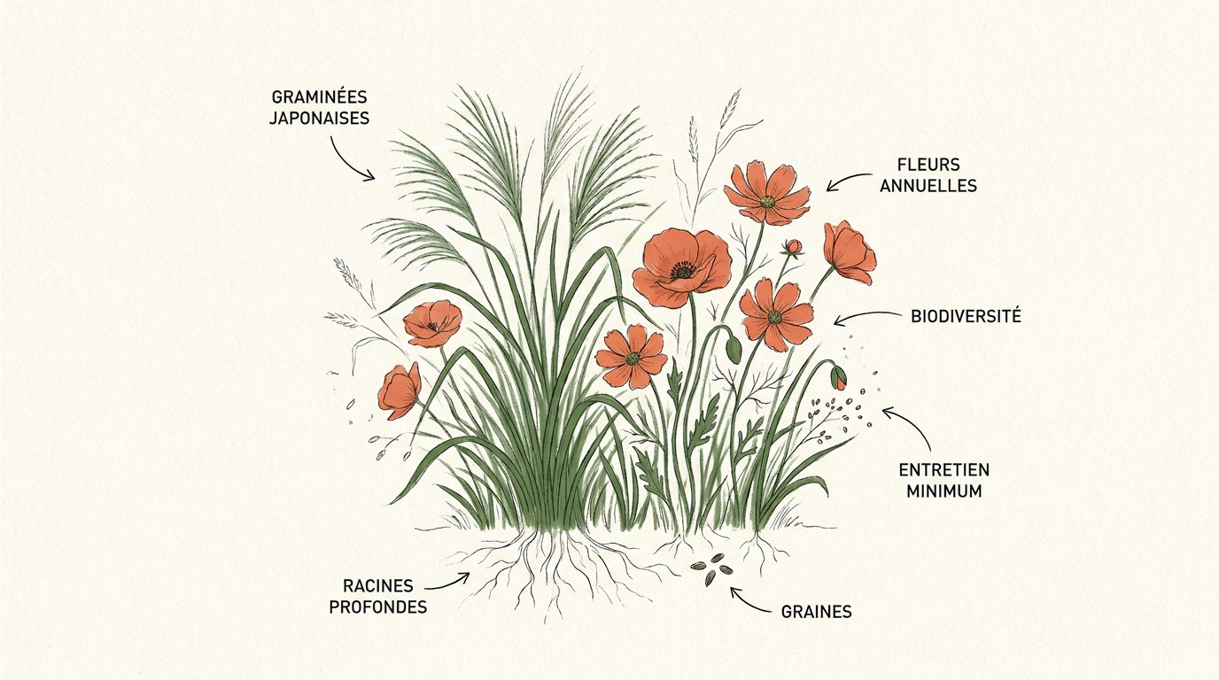 Illustration botanique d'un gazon japonais fleuri avec cosmos et graminées