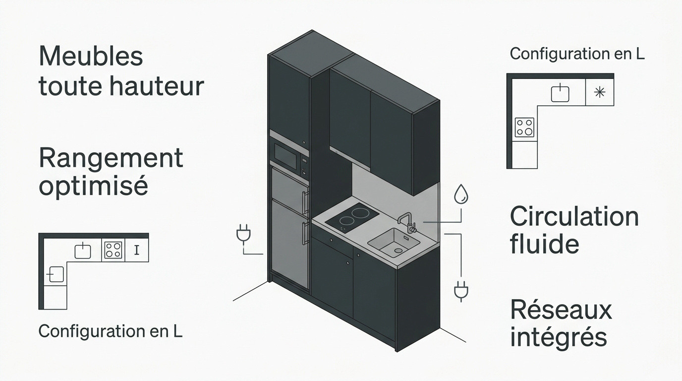 Infographie conseils optimisation et agencement pour une petite cuisine compacte