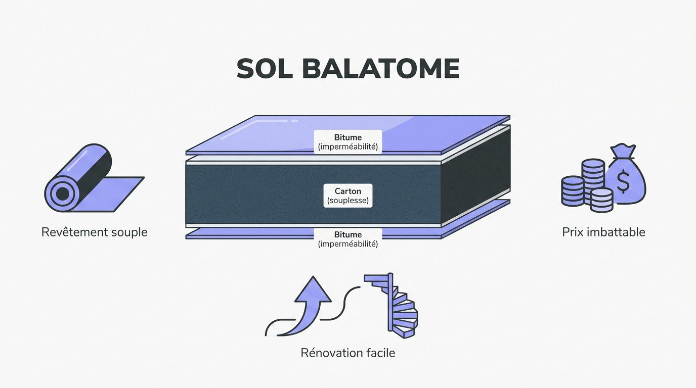 Infographie présentant les avantages clés du revêtement de sol balatome pour la rénovation