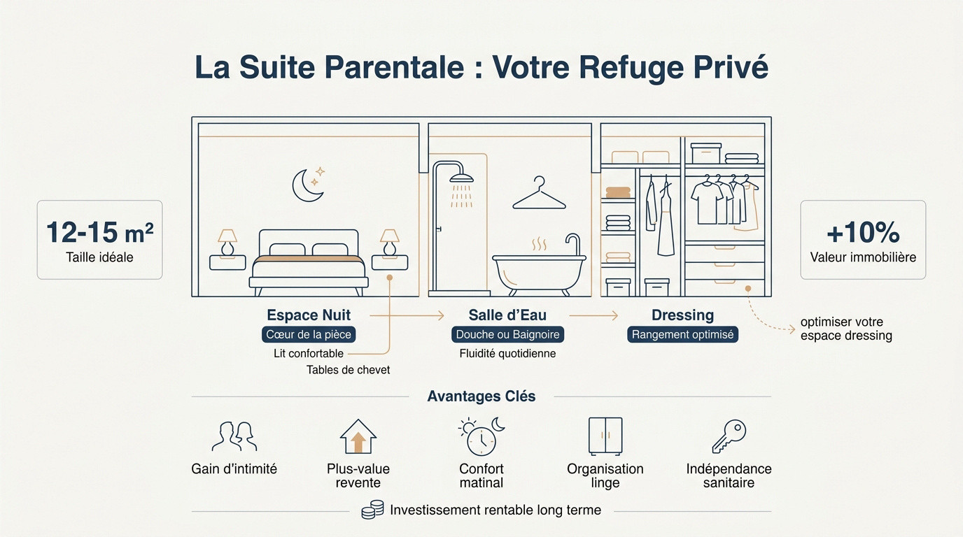 Aménagement d'une suite parentale moderne avec chambre salle de bain et dressing