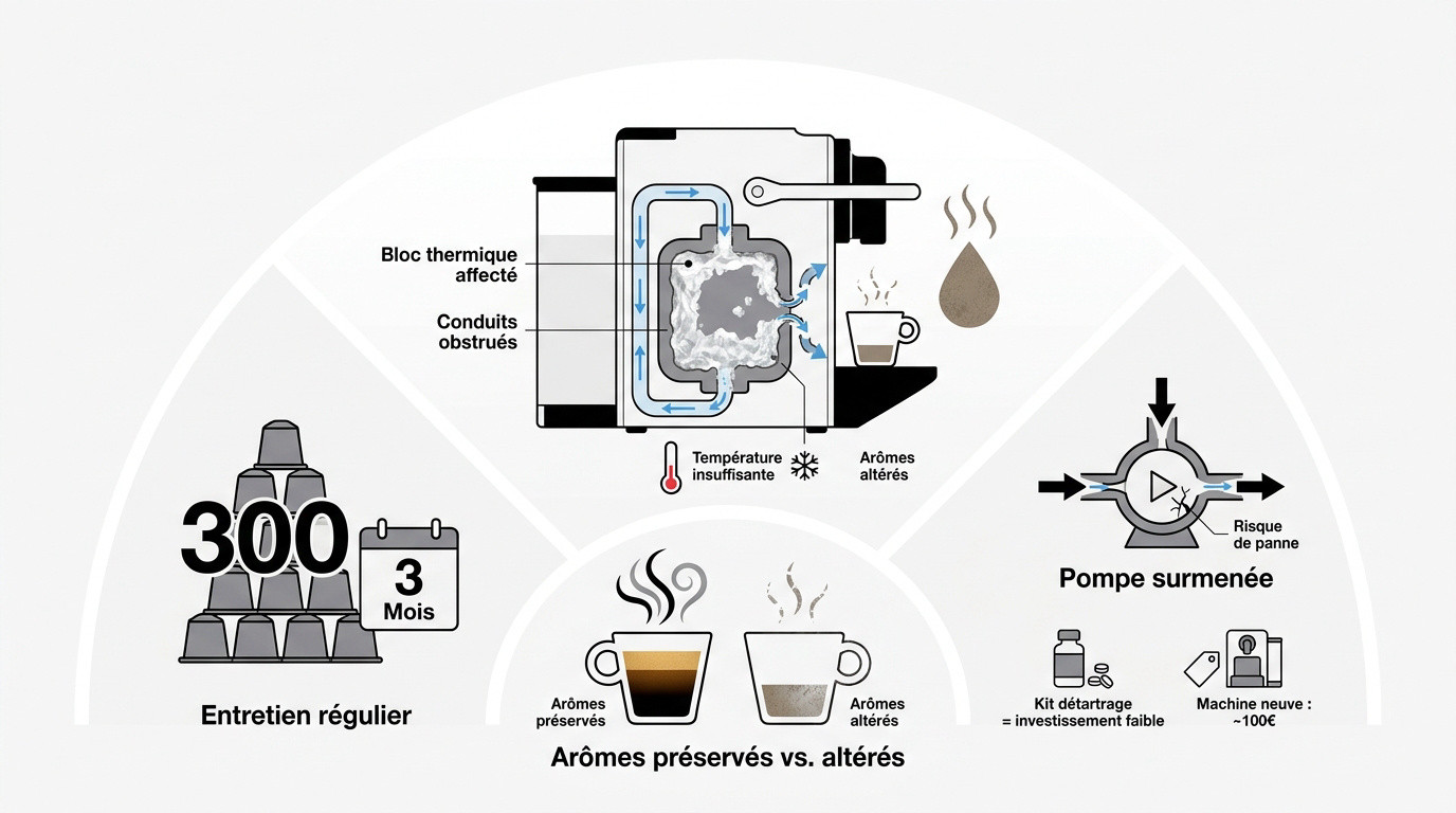 Dépôts de calcaire à l'intérieur d'une machine à café Nespresso affectant la qualité du café