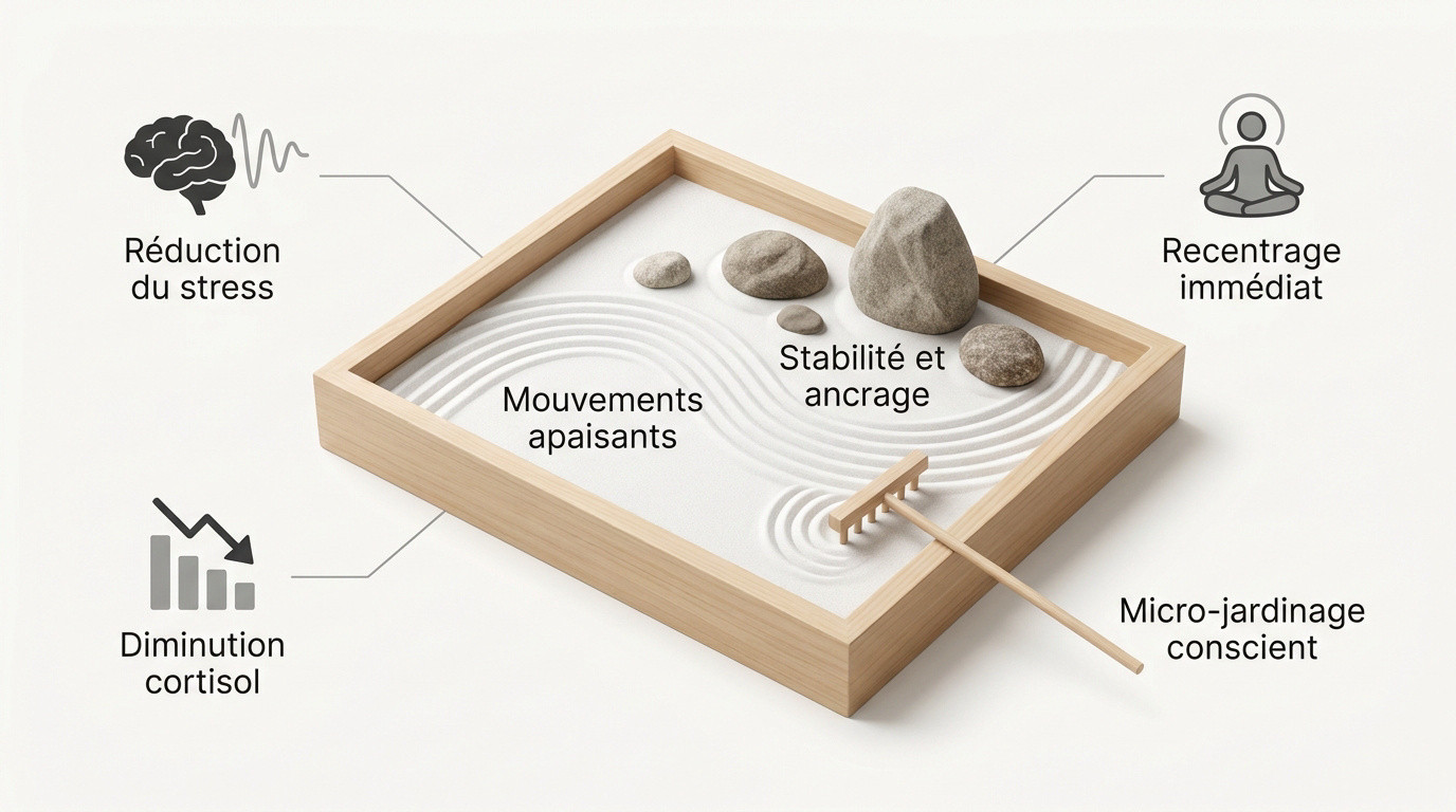 Petit jardin zen miniature avec sable ratissé et pierres pour la relaxation au bureau