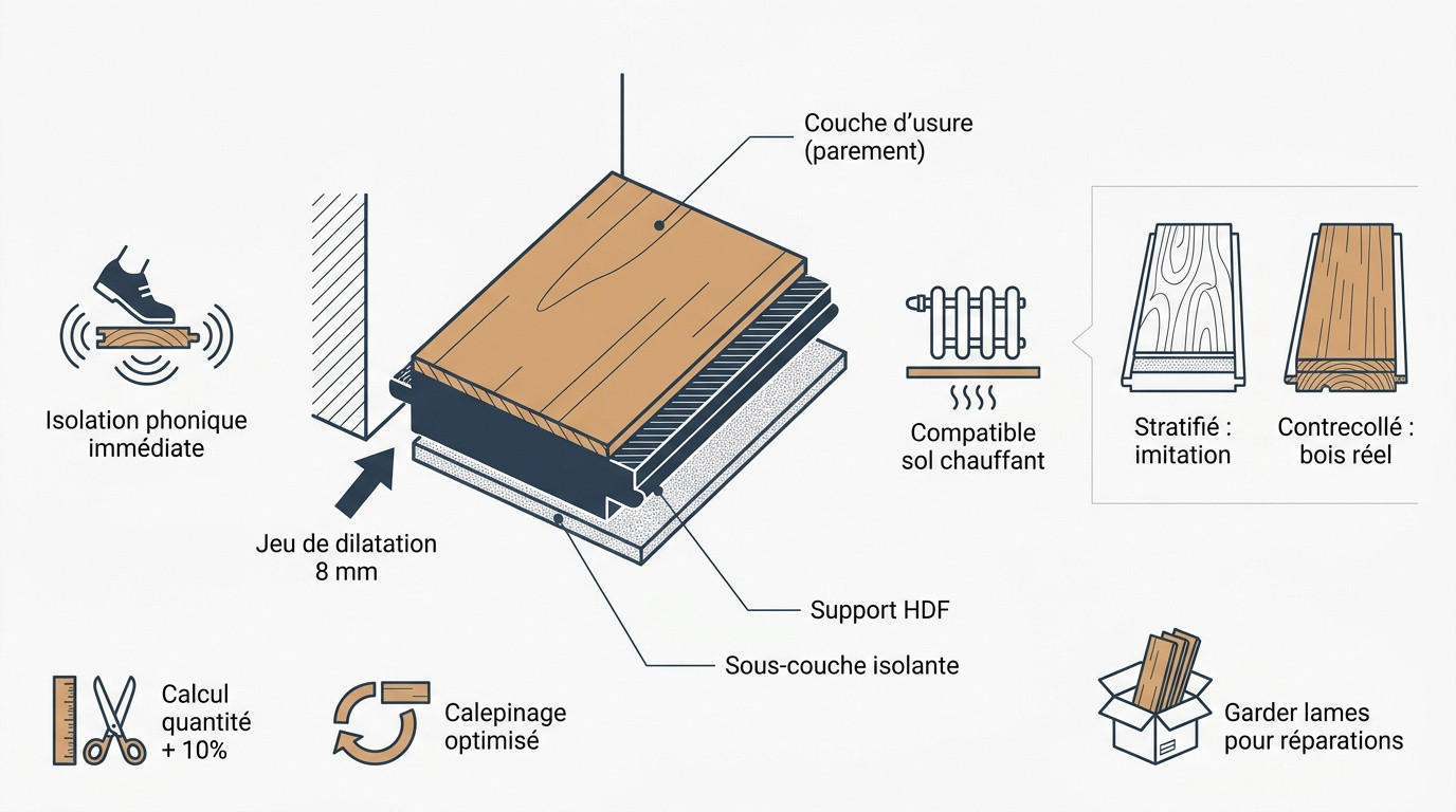 Schéma explicatif de la structure d'un parquet contrecollé et des couches d'un sol stratifié