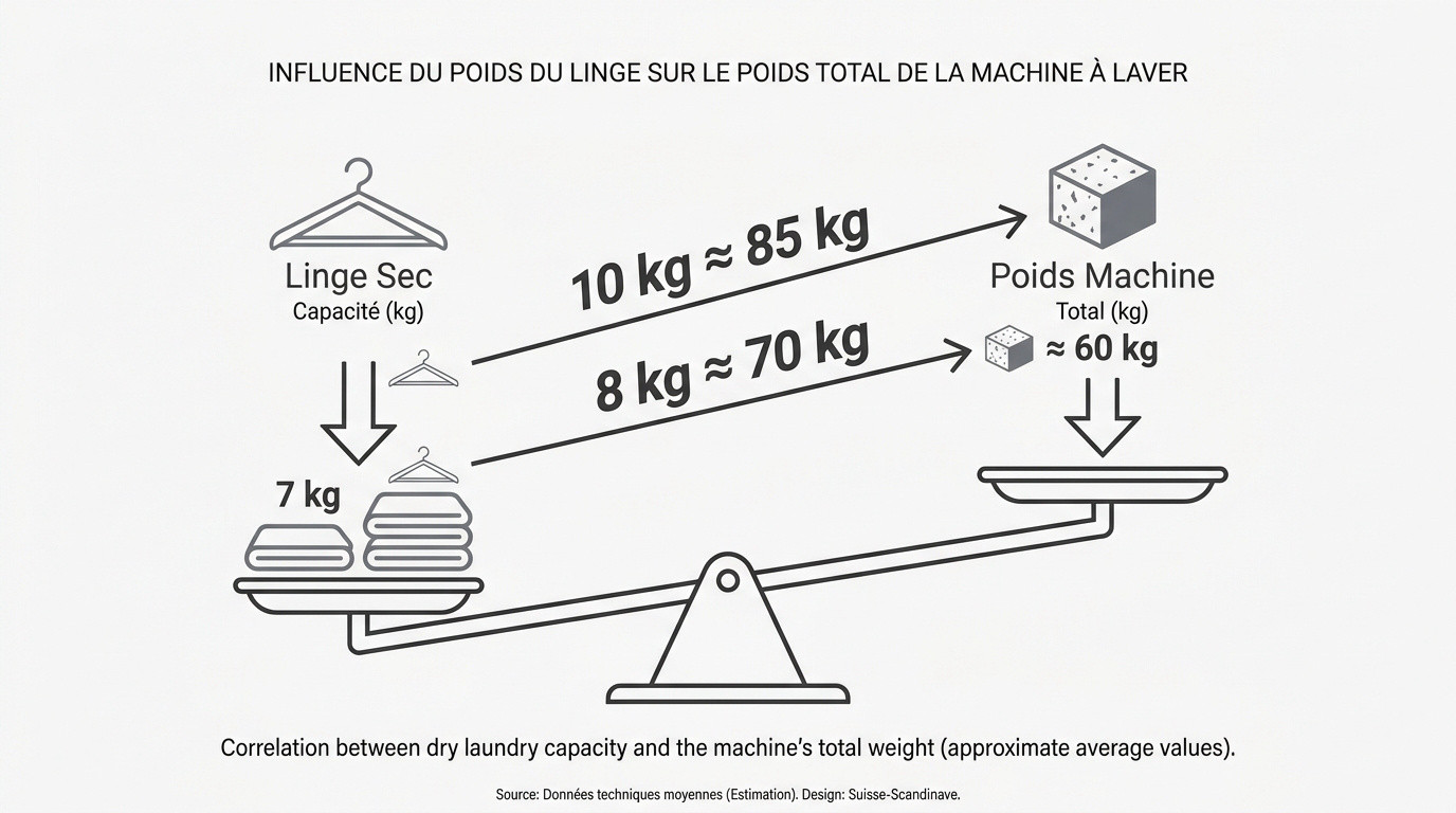 Comparaison entre le poids du linge et le poids total d'une machine à laver