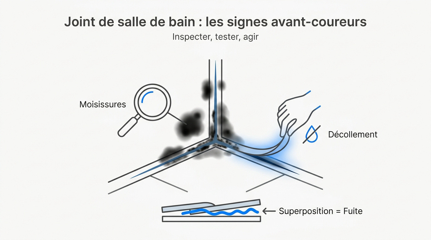 Inspection d'un joint de salle de bain noirci par la moisissure