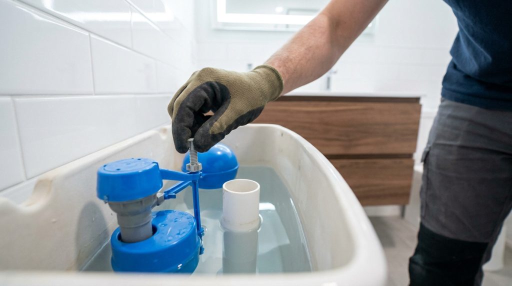Une personne avec un gant ajuste le niveau de flottaison d'un réservoir de toilette ouvert.