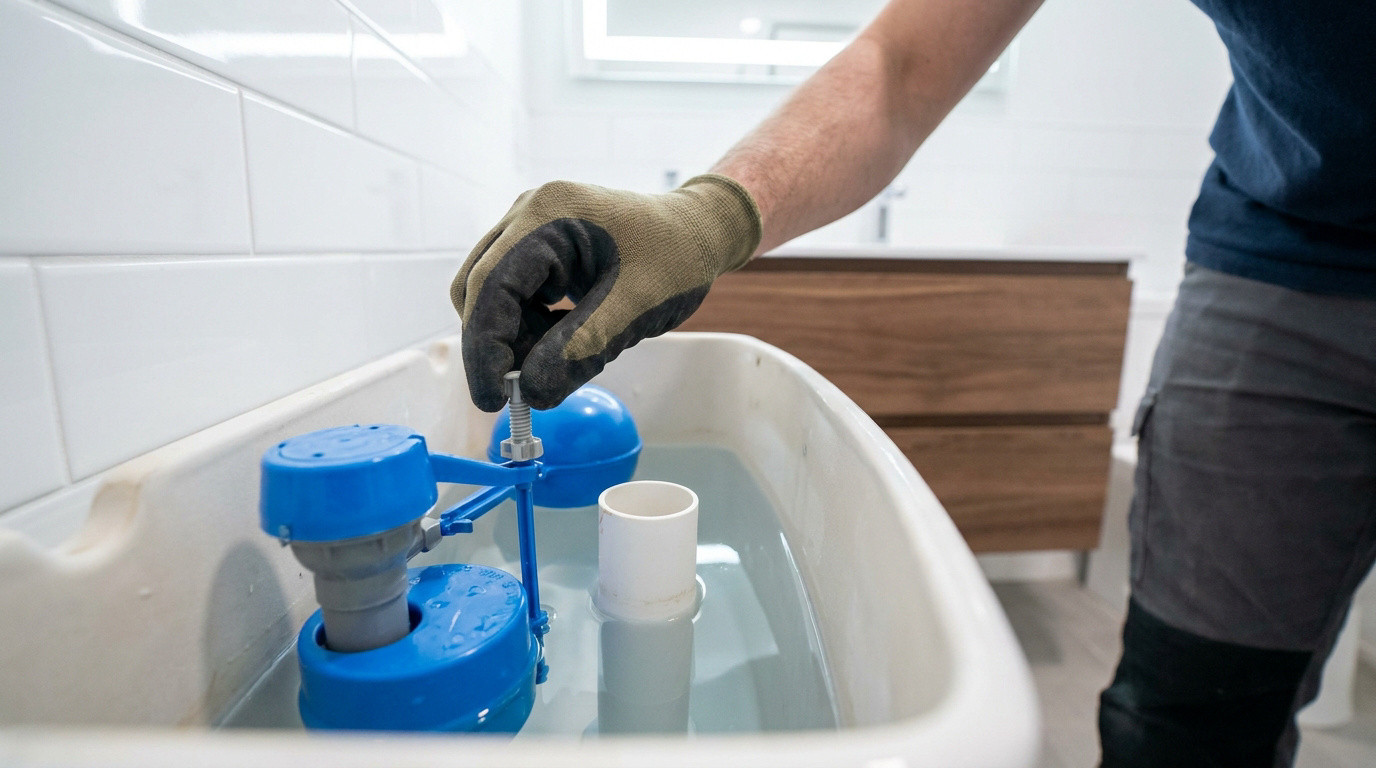 Une personne avec un gant ajuste le niveau de flottaison d'un réservoir de toilette ouvert.