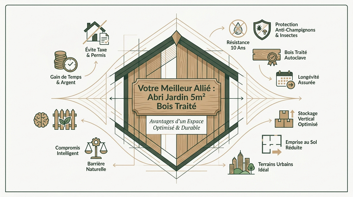 Abri de jardin en bois traité de 5m2 installé dans un jardin verdoyant