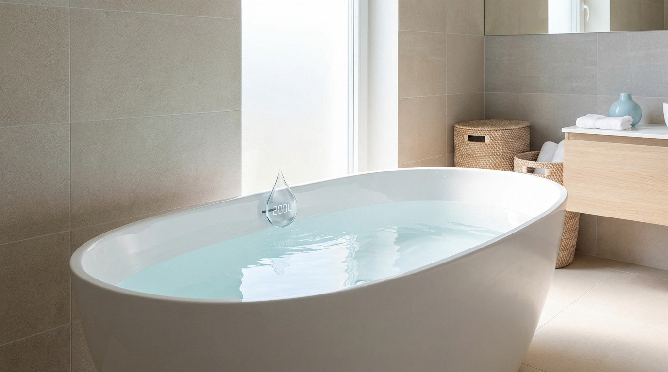 Baignoire blanche remplie d'eau avec une icône de gouttelette affichant 200L dans une salle de bain moderne.